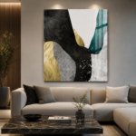 Cuadro abstracto en living moderno en colores negros, grises, dorados en vidrio templado sin marco