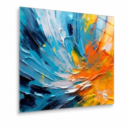 Cuadro en vidrio templado abstracto varios colores en naranja y azules