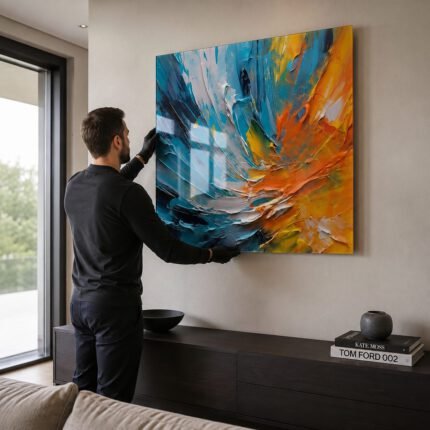 Cuadro abstracto con efecto de pintado a pinceladas en vidrio templado sin marco
