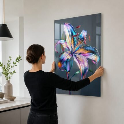 Cuadro de vidrio templado premium, modelo lirio colocándolo en una pared