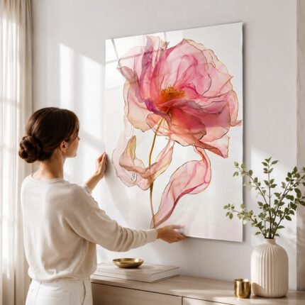Cuadro botanico en vidrio templado sin marco de flor en tonos rosados